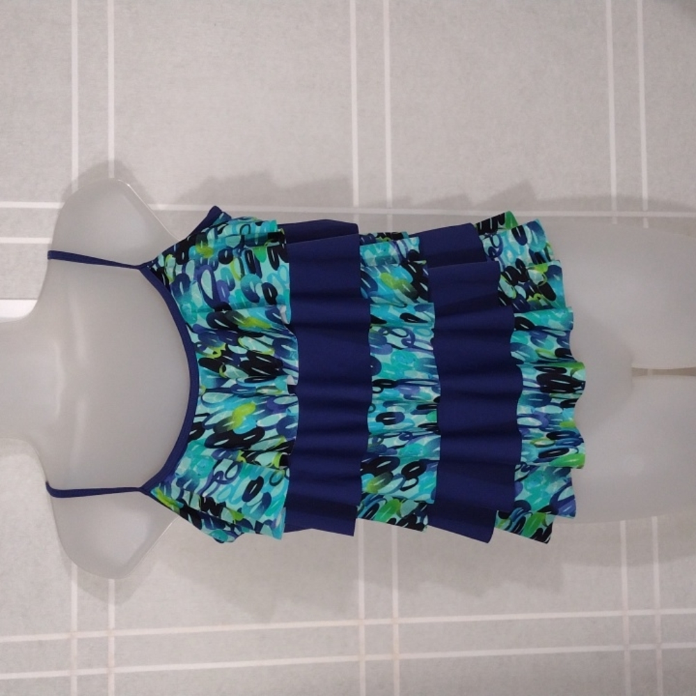 Navy and teal front ruffle tankini M